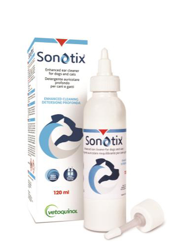 Sonotix detergente auricolare profondo cani e gatti flacone 120 ml + cannula corta rigida + cannula lunga flessibile