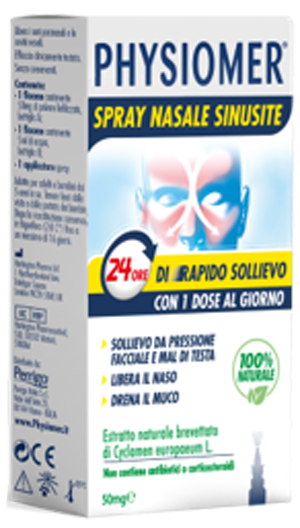Physiomer spray nasale sinusite 2 pezzi 1 flacone da 50 mg di estratto di ciclamino naturale liofilizzato + 1 fiale da 5 ml di solvente