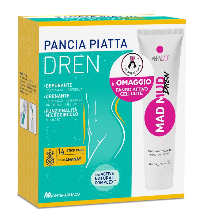 Pancia piatta dren ananas 14 bustine stick pack + mad mud dren fango attivo anticellulite 100 ml omaggio