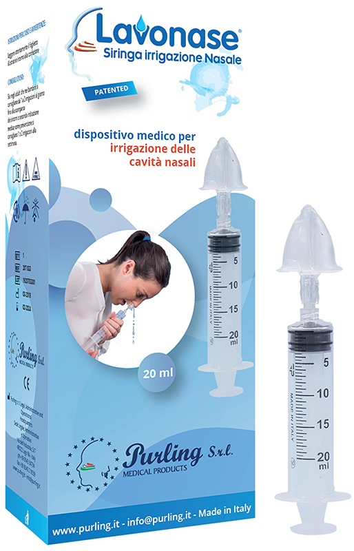 Lavonase irrigazione nasale non sterile siringa 20 ml + luer-lock con cappuccio + ugello nasale con raccordo luer-lock + perforatore con valvola non r