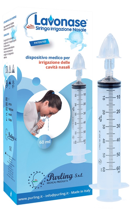 Lavonase irrigazione nasale non sterile siringa 60 ml + luer-lock con cappuccio + ugello nasale con raccordo luer-lock + perforatore con valvola non r